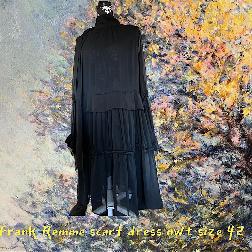 Frank Remme black long sleeve scarf dress NWOT( has a flaw)